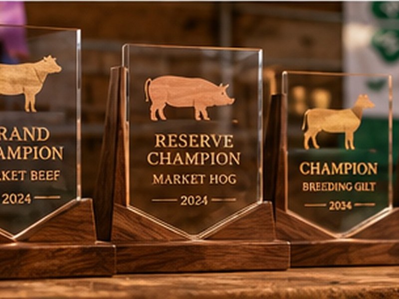 Collection of 4-H champion glass and wood awards