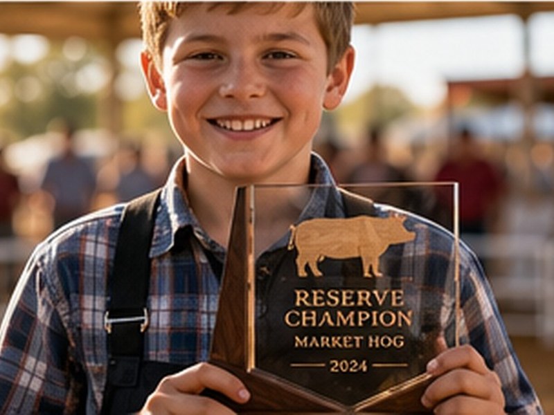 Young exhibitor holding reserve champion market hog trophy