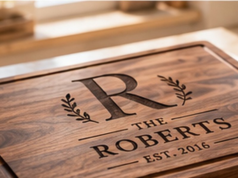 Engraved walnut cutting board with family monogram