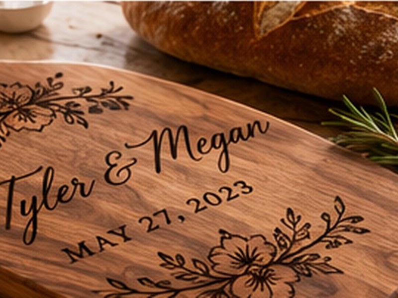 Wedding gift cutting board with engraved names and date