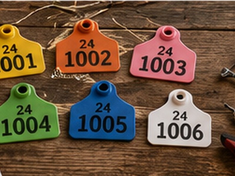 Colorful livestock ear tags with ranch paperwork