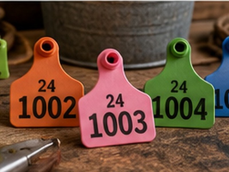 Numbered livestock ear tags laid out on workbench