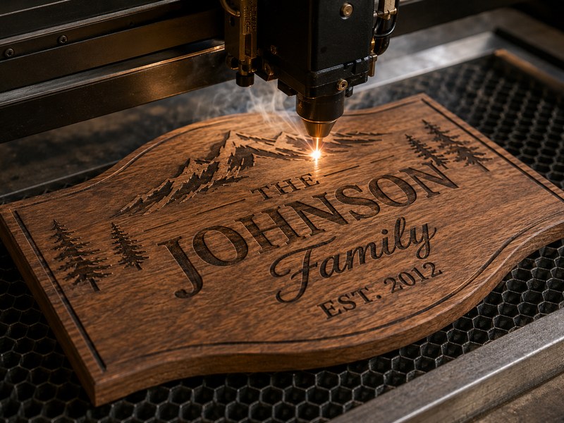 Custom engraved family name sign on wood