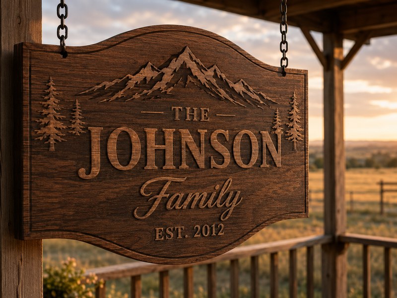 Engraved porch sign hanging outdoors